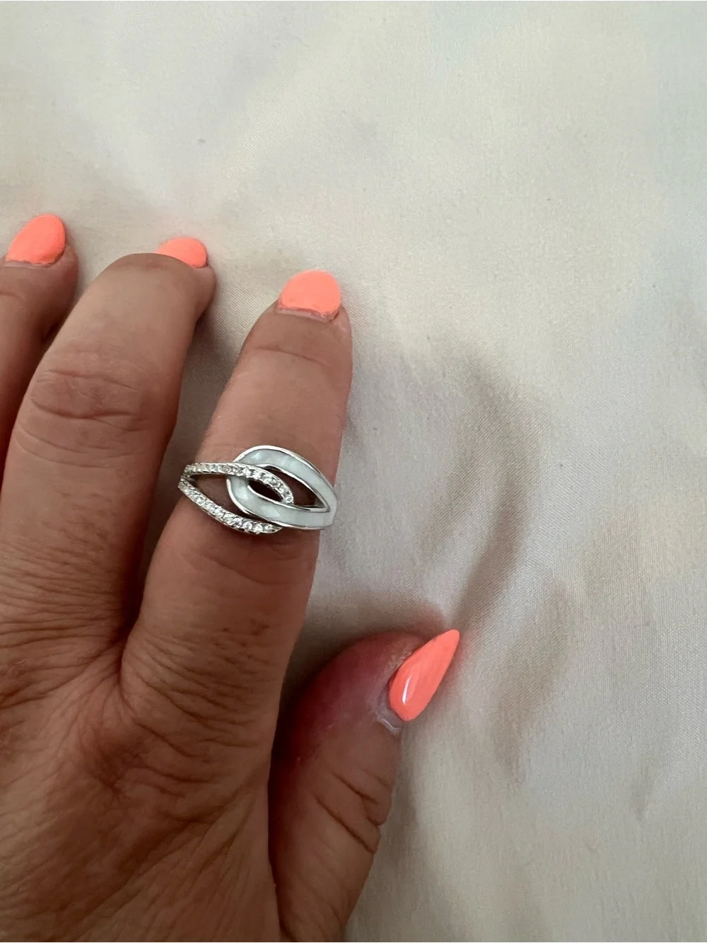 Silver V-Shape Ring with White Opal Inlay and Pavé Accents